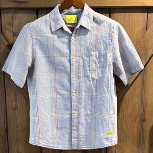 Scotch & Soda Blue Plaid Linen Blend Short Sleeve Button Down Regular Fit Size L